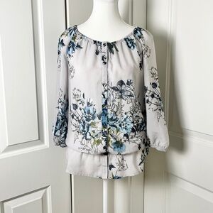 Van Heusen Gray & Blue Floral 3/4 Sleeve Boho Blouse – Lightweight & Flowy, XXS